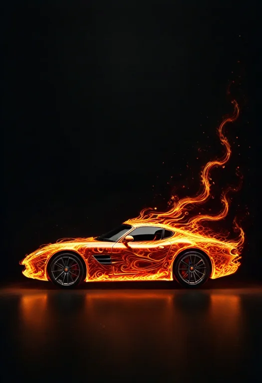 A Sleek Sports Car Rendered Entirely In Flowing Flame, Its A...