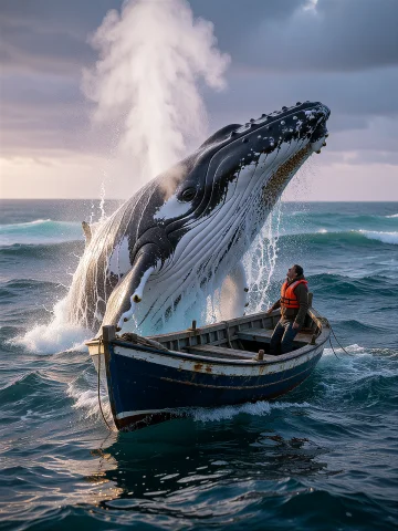 Whale Breach Over Fishing Boat — Stable Diffusion AI Prompt: A massive humpback whale breaches from the deep blue ocean, spouting a thick col...