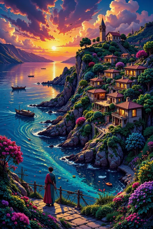 Village Coast Beautiful Landscape, Dusk, Woman, Very Intrica...