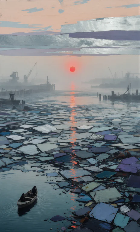 Two River Otters Lost In An Enormous Foggy Harbor Landscape,...