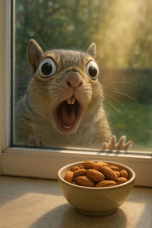 A Photorealistic Image Of A Squirrel Outside Of A Kitchen Wi...