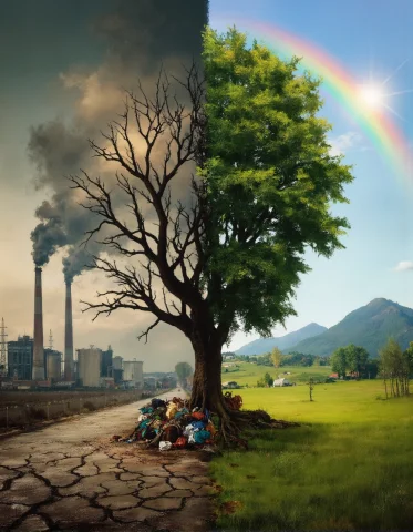 A Strikingly Symbolic Surreal Composition Portraying A Singl... — FLUX AI Prompt: A strikingly symbolic surreal composition portraying a single tree split into tw...