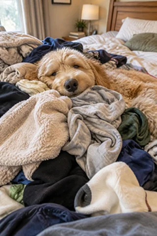 A Ridiculously Cute Golden Doodle Lying Completely Contented... — Stable Diffusion AI Prompt: A ridiculously cute golden doodle lying completely contentedly in a huge mound o...