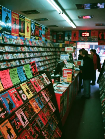 Grin35, Neighborhood Video Rental Store On A Friday Night In... — Stable Diffusion AI Prompt: gr@in35, neighborhood video rental store on a Friday night in 1996, narrow aisle...