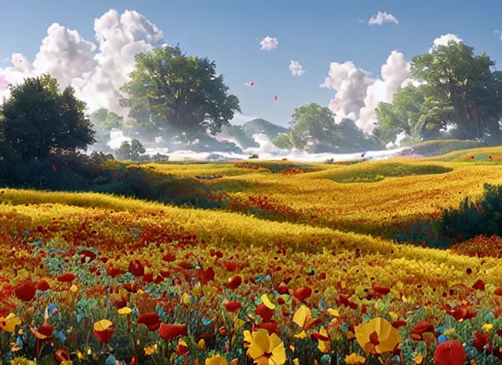 A Discodifland With Poppies And Sunflowers, Sugar Fluffy Clo...