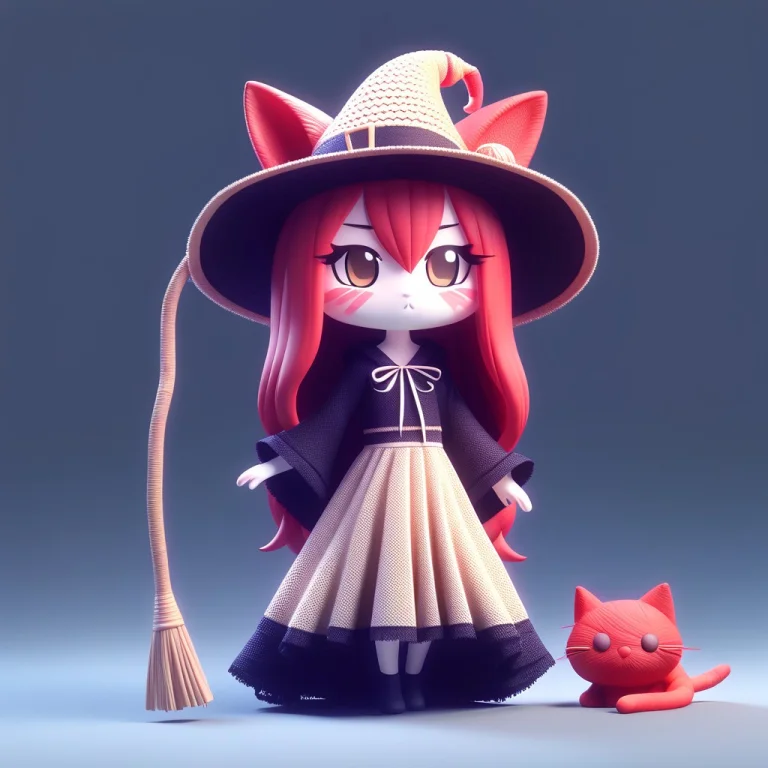 A 3d Chibi Anime Red Hair Cat Girl Wear Straw Witch Dresses