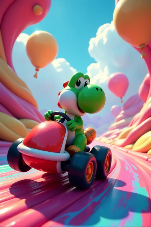 Yoshi In A Red Kart Speeding Through A Swirling, Psychedelic...