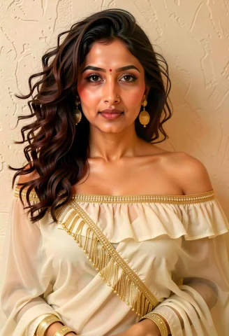 A Medium Portrait Of An Indian Woman With Voluminous Dark Cu... — FLUX AI Prompt: A medium portrait of an Indian woman with voluminous dark curly hair falling ove...