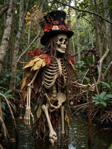 Lorafloratestrongk2e100.8 Fl0rate Skeleton Wearing Top Hat,... — Stable Diffusion AI Prompt: fl0rate skeleton wearing top hat, wading in a mangrove swamp