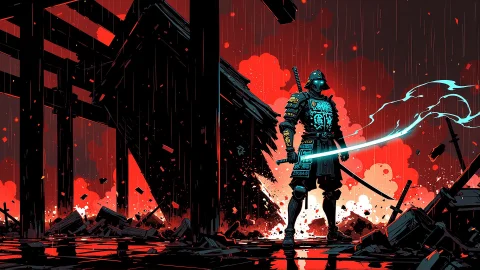 A Cinematic, High-octane Heavy Ink Illustration Of Oda Nobun... — FLUX AI Prompt: A cinematic, high-octane heavy ink illustration of Oda Nobunaga in a cybernetic...