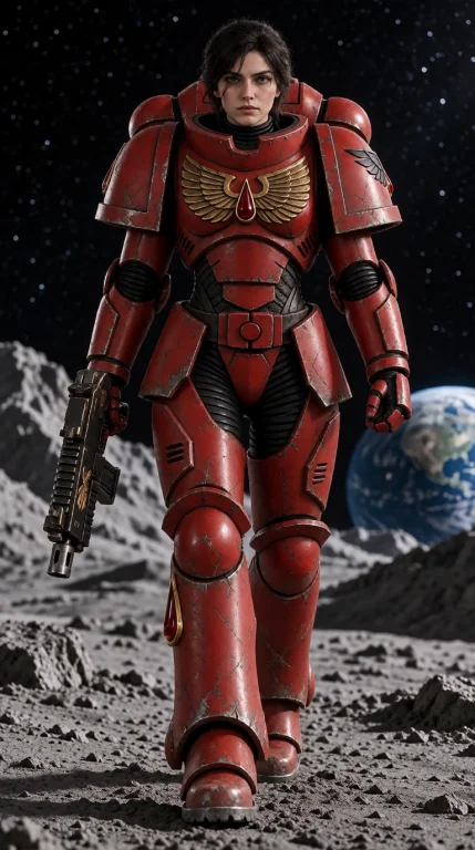 A Dark-haired Woman In Blo0da40k Armor Holding A Bolter Gun....