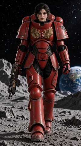 A Dark-haired Woman In Blo0da40k Armor Holding A Bolter Gun.... — Stable Diffusion AI Prompt: A dark-haired woman in Blo0dA40K armor holding a bolter gun. She walks on a rock...