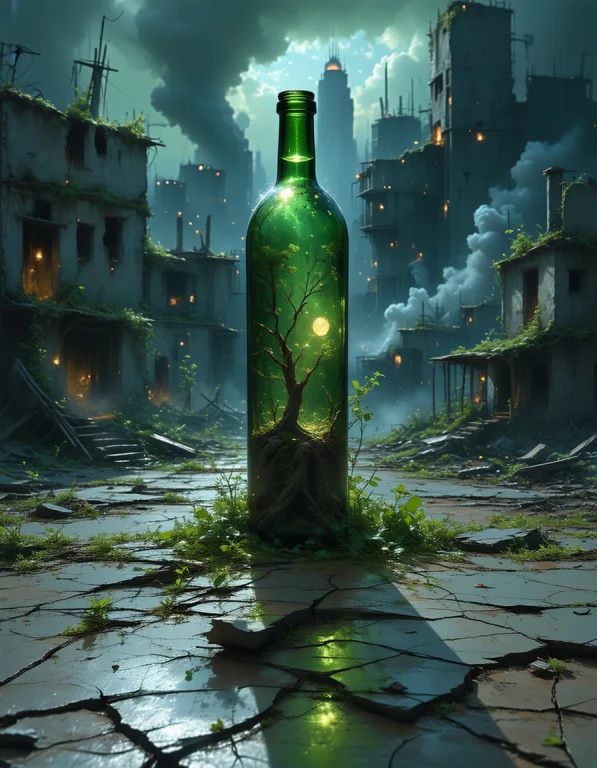 Inside A Bottle There Is A Desolate Metropolis, Where Skyscr...