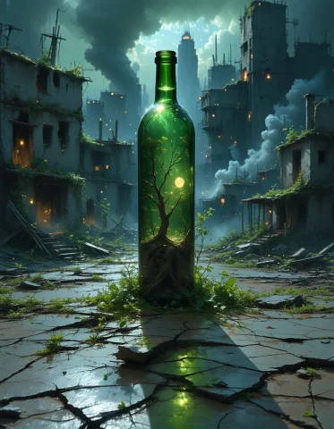 Inside A Bottle There Is A Desolate Metropolis, Where Skyscr... — Stable Diffusion AI Prompt: inside a bottle there is a desolate metropolis, where skyscrapers once kissed th...