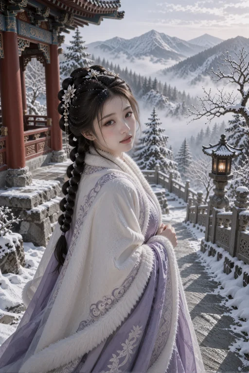 大雪中的山寺石阶上，一名年轻中国女子披白色毛边斗篷回头望向镜...