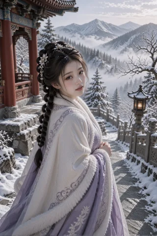 大雪中的山寺石阶上，一名年轻中国女子披白色毛边斗篷回头望向镜... — Stable Diffusion AI Prompt: 大雪中的山寺石阶上，一名年轻中国女子披白色毛边斗篷回头望向镜头，身体朝下方台阶，...