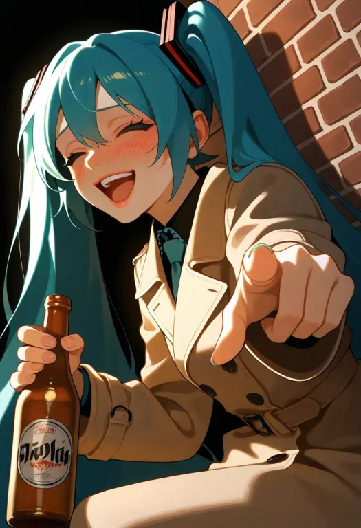 1girl, Solo, Hatsune Miku, Lips, Trench Coat, Holding Beer B...