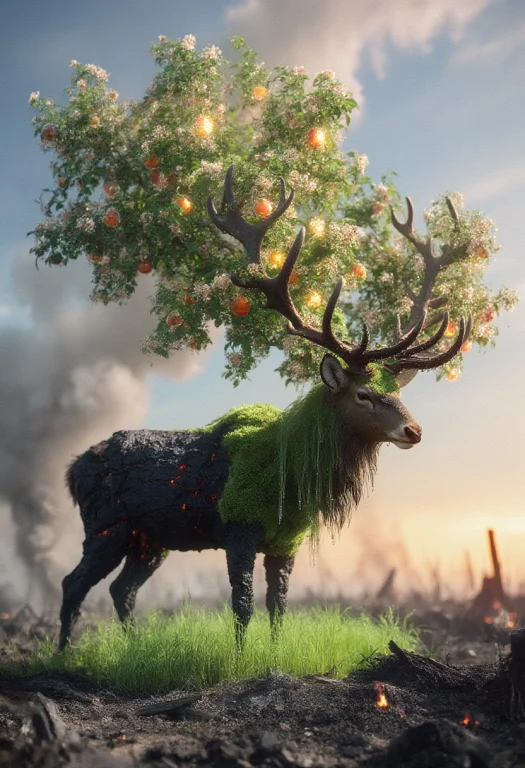 Colossal Stag Stands At The Edge Of A Scorched Battlefield,...