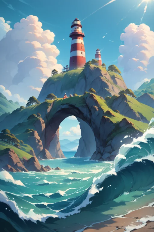 Zpdxl, Lighthouse, Small Rocky Island, Ocean Waves, Bright S...