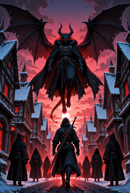 A Demonic Overlord And A Hooded Warrior In A Gothic Winter C...