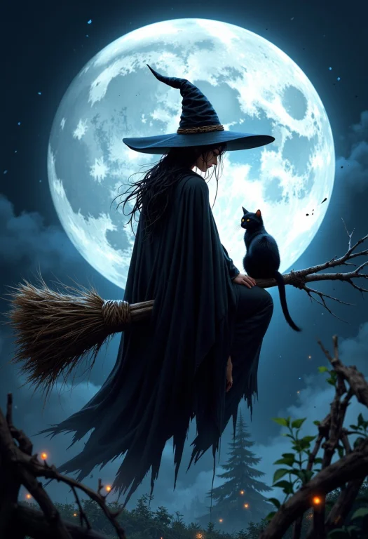 Masterpiece. Illustration Of A Silluette Of Witch And Her Ca...