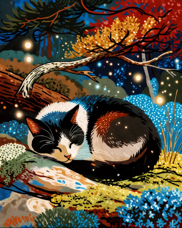 Velkoris A Black And White Cat Sleeps In A Woodland Setting...