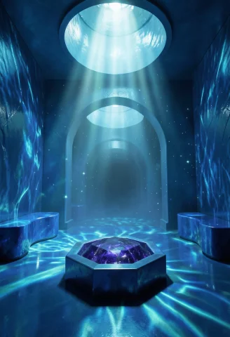 Deep Ocean Interior Scene With Monolithic Blue Architecture,... — Stable Diffusion AI Prompt: deep ocean interior scene with monolithic blue architecture, cobalt azure walls...