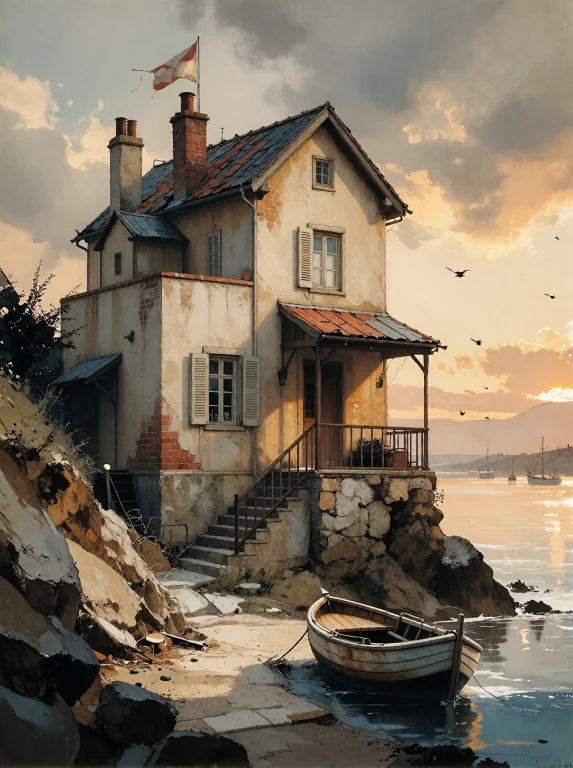 Bradhamel Art Style. A Watercolor Painting Of A Weathered, M...