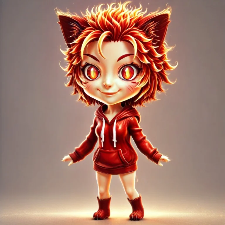 A 3d Chibi Anime Red Hair Cat Girl Wear Fire Hoodie