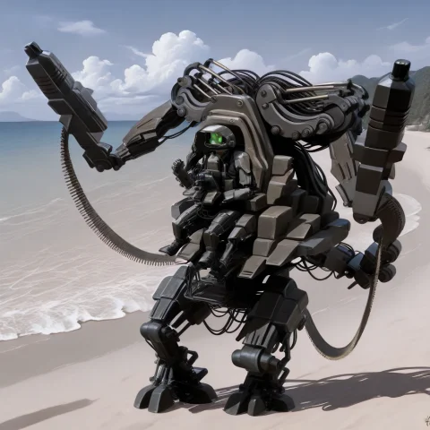 Matrapu,robot,arm Cannon,ammo Belt Human,piloting, Action Po... — Stable Diffusion AI Prompt: matrapu,robot,arm cannon,ammo belt human,piloting, action pose,beach, h1marine,a...