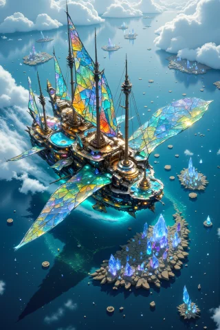 A Trade Ship Shaped Like A Giant Mechanical Dragonfly Skims... — FLUX AI Prompt: A trade ship shaped like a giant mechanical dragonfly skims across a lake of liq...
