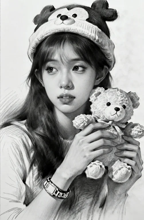 Sketchportrait, 1girl, Monochrome, Realistic, Stuffed Toy, S...