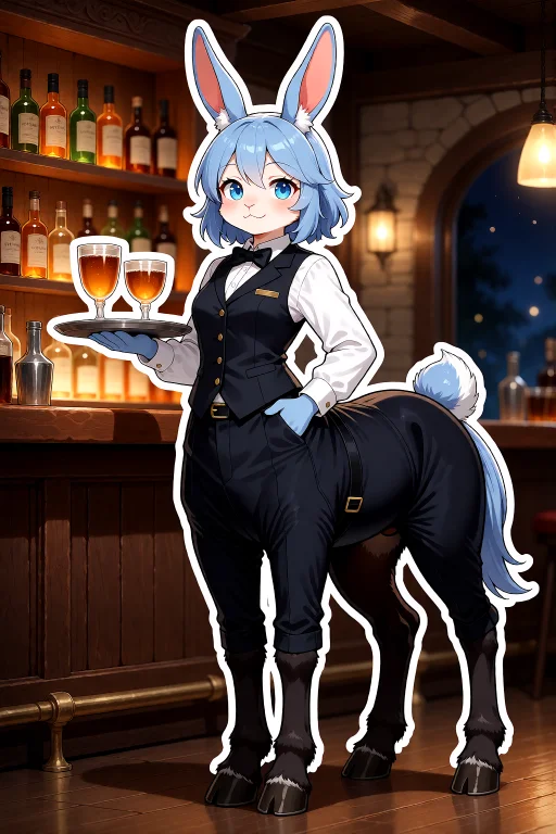 Blue-haired Rabbit Centaur Bartender Standing Inside A Warm...