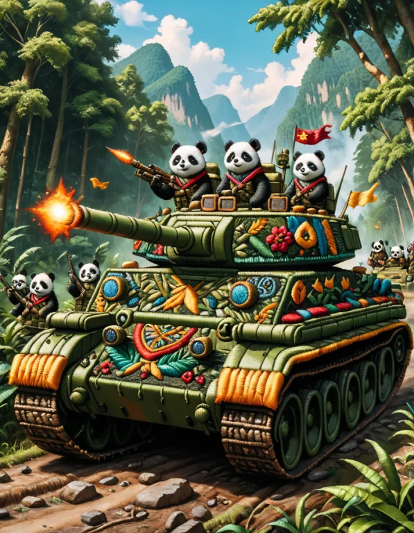 Army Pandas On Tanks Driving Into Battle In A Forest Ral-emb...