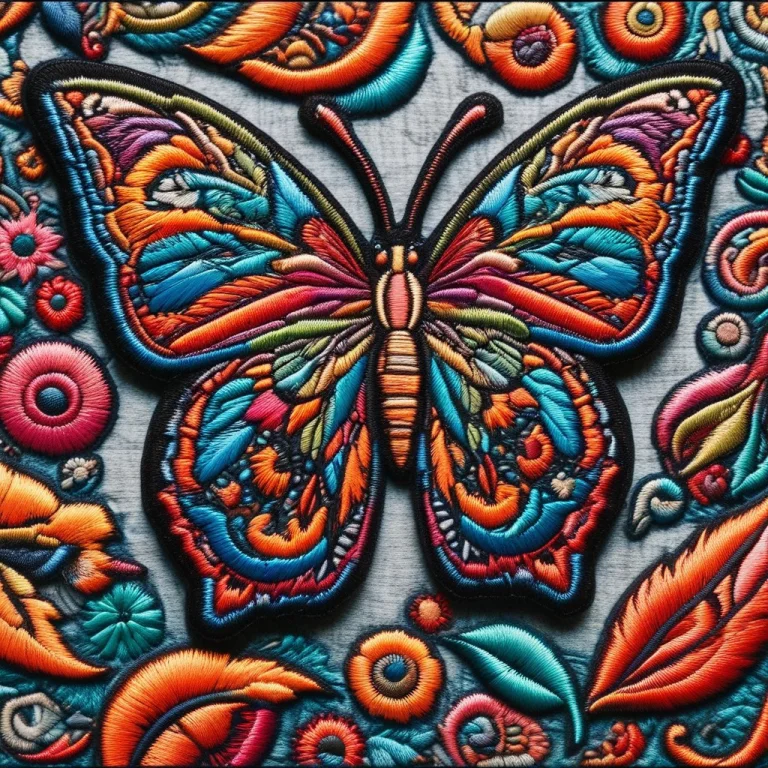A Butterfly Rendered As A Vibrant Embroidered Patch, Visible...