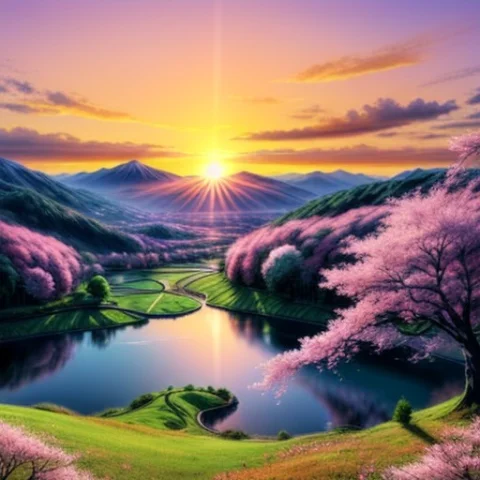 Anime Landscape, Sunset Over Mountains, Calm Lake, Green Hil... — Stable Diffusion AI Prompt: Anime landscape, sunset over mountains, calm lake, green hills, cherry blossom t...
