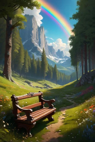 Vibrant Summer Forest Clearing With Wooden Bench ,celestial... — SDXL AI Prompt: vibrant summer forest clearing with wooden bench ,celestial forges where star-me...