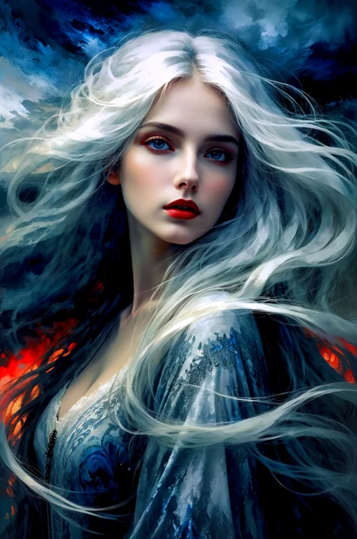 Portrait Of A Womans Face, The Woman Has Long, Flowing White...
