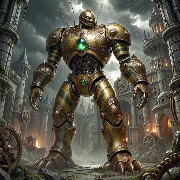 Giant Ancient Robot. Dark Yellow And Olive Green Stripes And...