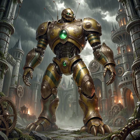 Giant Ancient Robot. Dark Yellow And Olive Green Stripes And... — FLUX AI Prompt: giant ancient robot. dark yellow and olive green stripes and shiny brass. rustin...