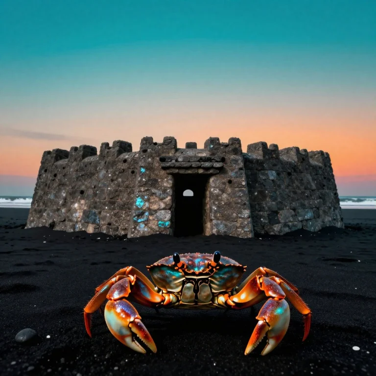A Crab Fortress Marching Along A Black Beach, Iridescent Lig...
