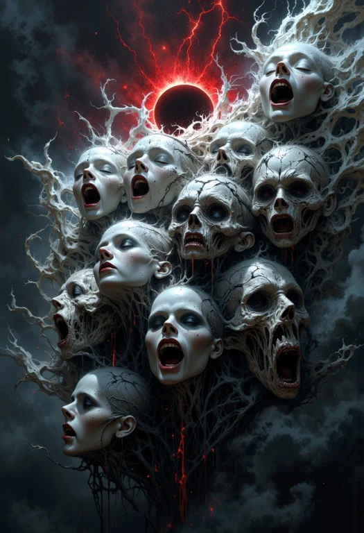 Cinematic Wide Shot Of A Swirling Void, Where Ghostly Faces...