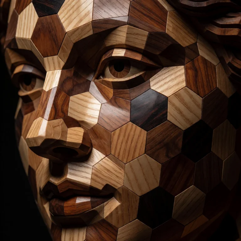 A Hyper-realistic Wooden Sculpture Of A Womans Face, Constru...