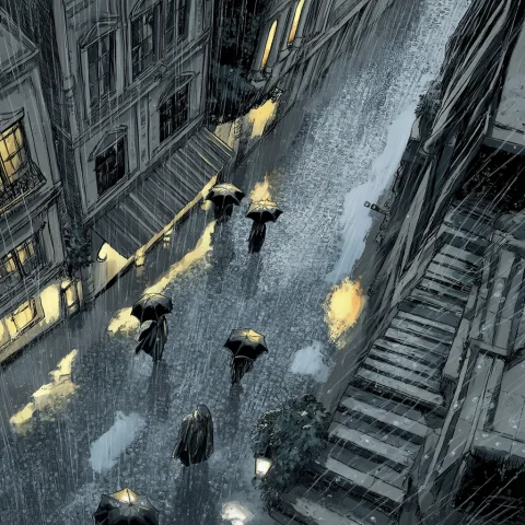 4n4m1r4ll3s, High Angle View Of A European City Under Heavy... — Stable Diffusion AI Prompt: 4n4m1r4ll3s, high angle view of a european city under heavy rain, wet cobbleston...