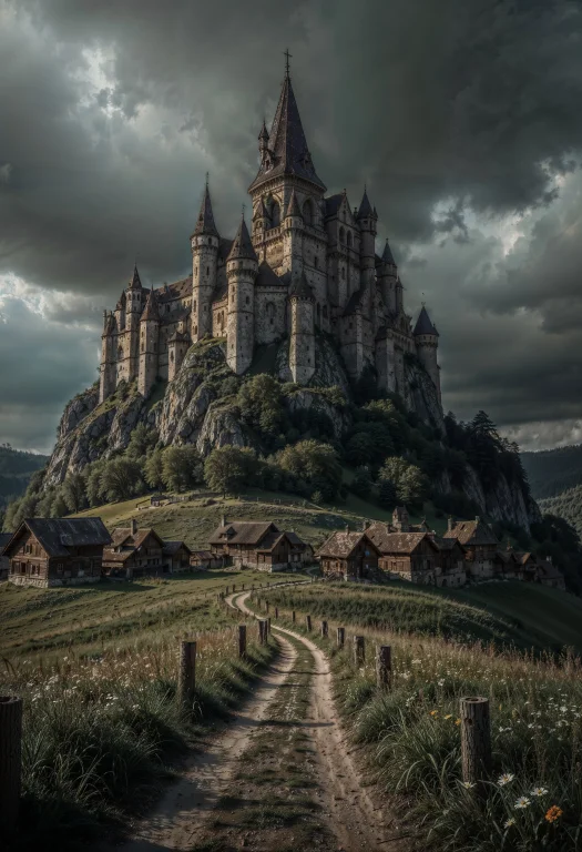 A Medieval-style Landscape With A Grand Castle Perched Atop...