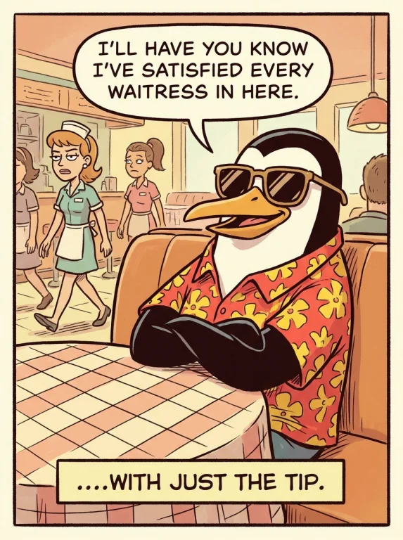 Generate Me A Funny Comic Image Of A Penguin In Sunglasses A...
