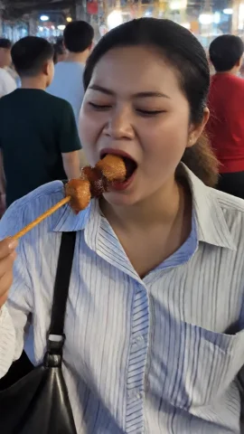 A Candid Photo Of A Woman Frozen In Time As She Is About To... — Stable Diffusion AI Prompt: a candid photo of a woman frozen in time as she is about to bite into a meat keb...