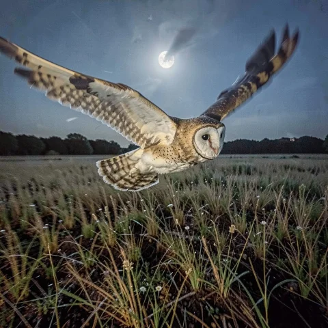 A Barn Owl Gliding Low Over A Moonlit Field, Raw Photo, Cine... — Stable Diffusion AI Prompt: a barn owl gliding low over a moonlit field, raw photo, cinematic lighting, moti...