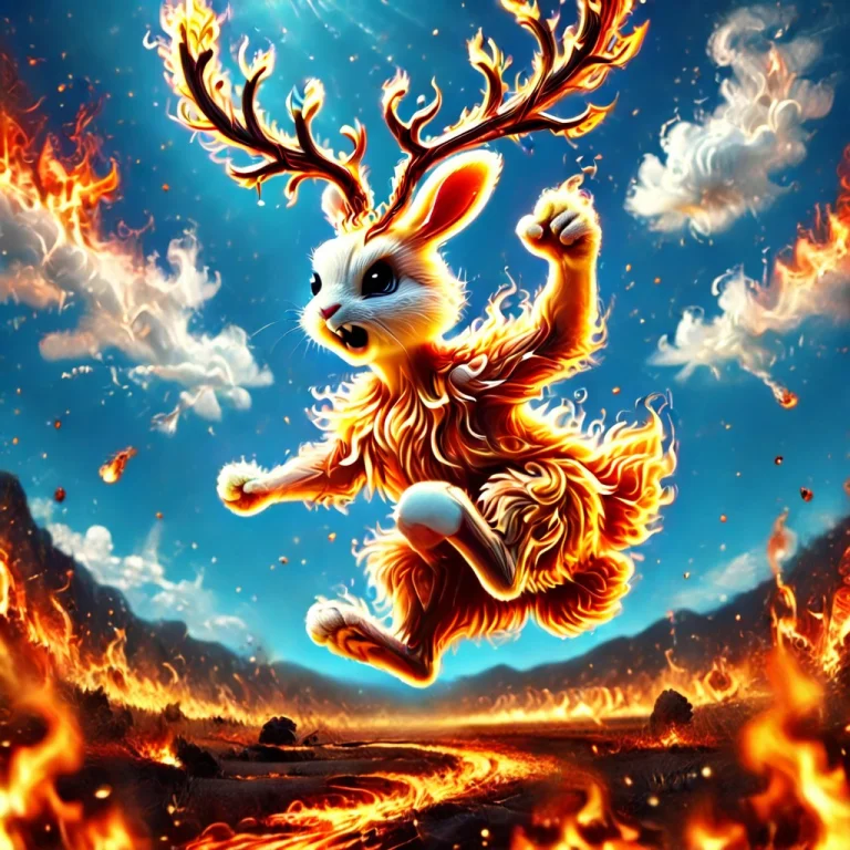 Rabbit With Massive Antlers Made From Fire1.5 Running Across...