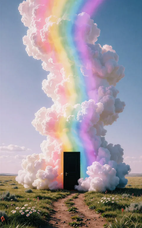 A Standalone Black Door Placed In An Open Prairie Under A Cl...